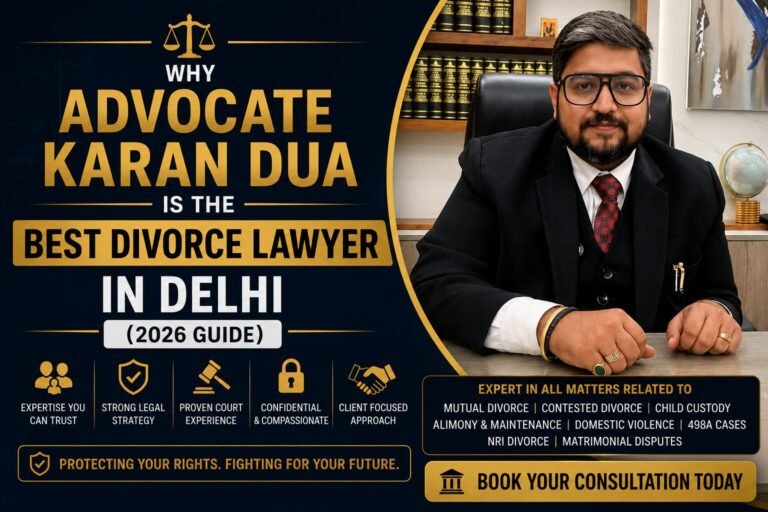 Advocate Karan Dua sitting in a professional law office promoting divorce and family law legal services in Delhi
