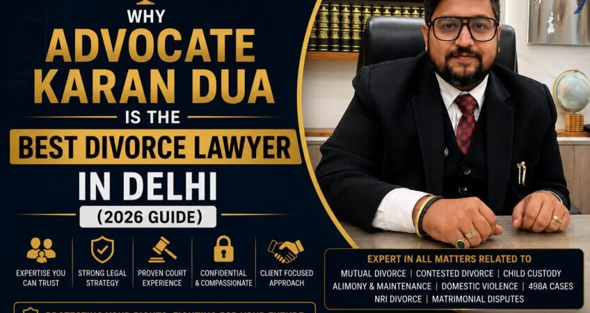 Advocate Karan Dua sitting in a professional law office promoting divorce and family law legal services in Delhi