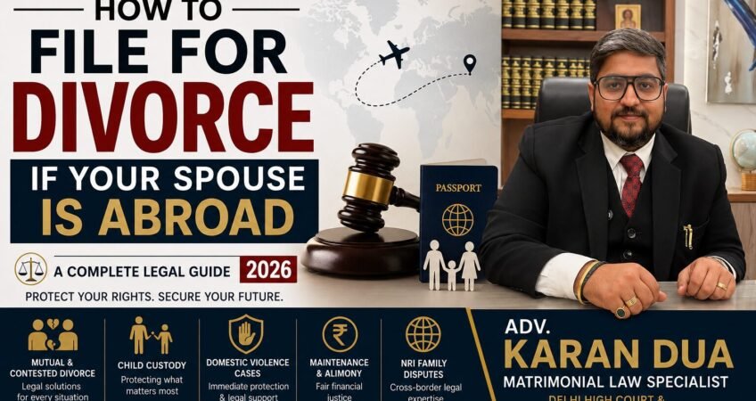 Professional legal banner featuring Adv. Karan Dua explaining how to file for divorce in India when a spouse lives abroad, including NRI divorce, child custody, maintenance, and matrimonial dispute legal services.