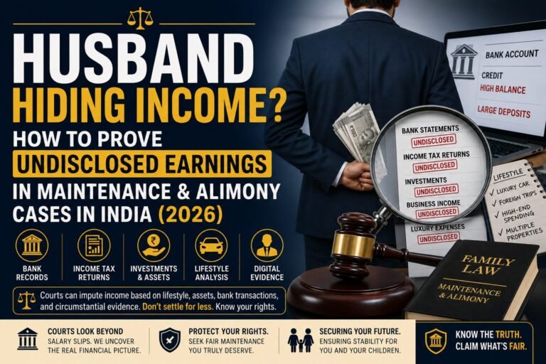 Professional legal infographic banner showing a man hiding cash, financial records under investigation, and courtroom symbols illustrating undisclosed income in maintenance and alimony cases in India.