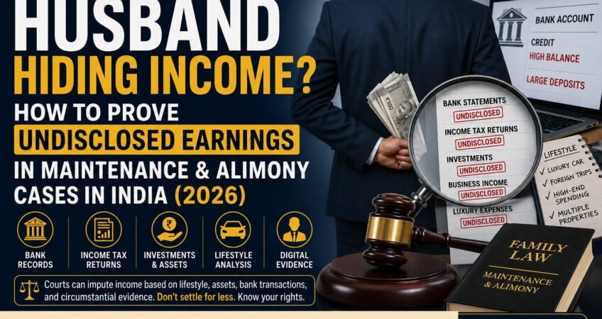 Professional legal infographic banner showing a man hiding cash, financial records under investigation, and courtroom symbols illustrating undisclosed income in maintenance and alimony cases in India.