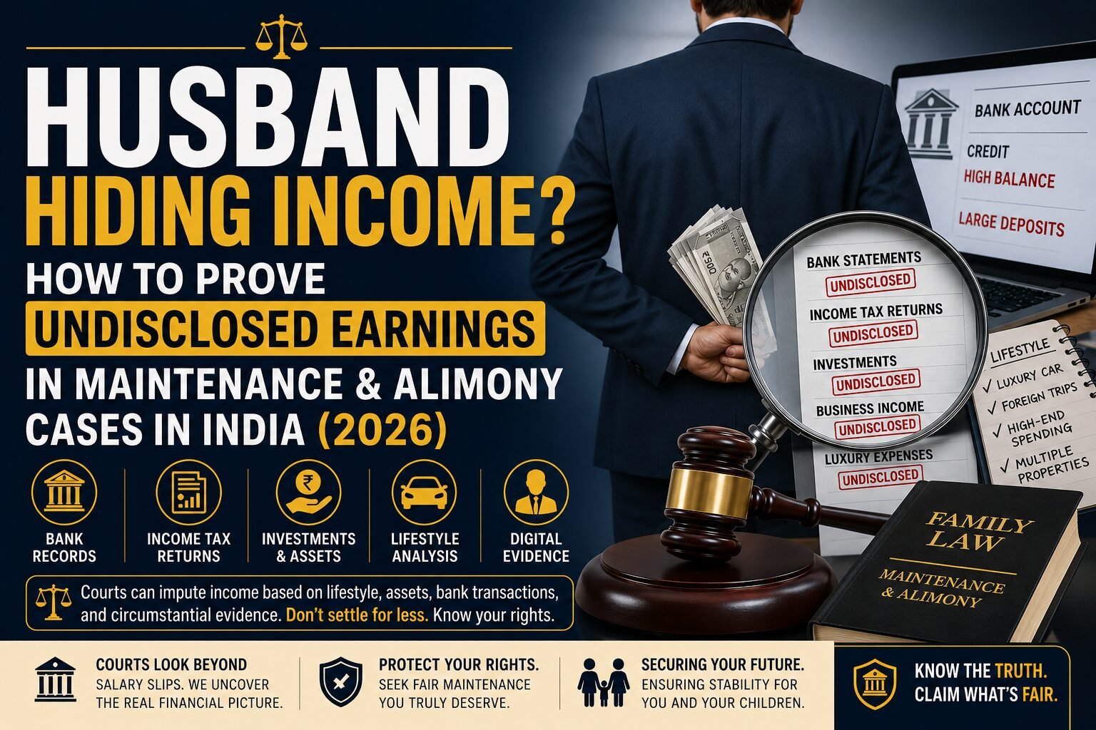 Professional legal infographic banner showing a man hiding cash, financial records under investigation, and courtroom symbols illustrating undisclosed income in maintenance and alimony cases in India.