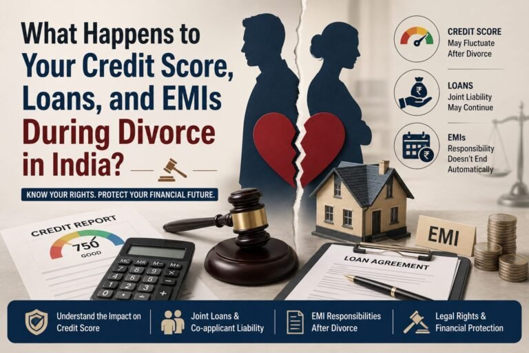 Professional divorce finance banner showing separated couple silhouettes, broken heart graphic, credit score report, calculator, loan agreement papers, EMI sign, house model, and judge’s gavel illustrating the financial impact of divorce in India.
