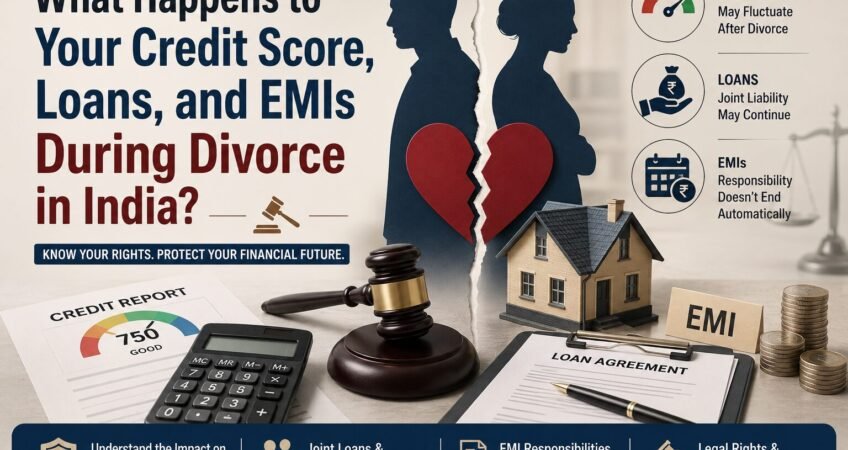 Professional divorce finance banner showing separated couple silhouettes, broken heart graphic, credit score report, calculator, loan agreement papers, EMI sign, house model, and judge’s gavel illustrating the financial impact of divorce in India.