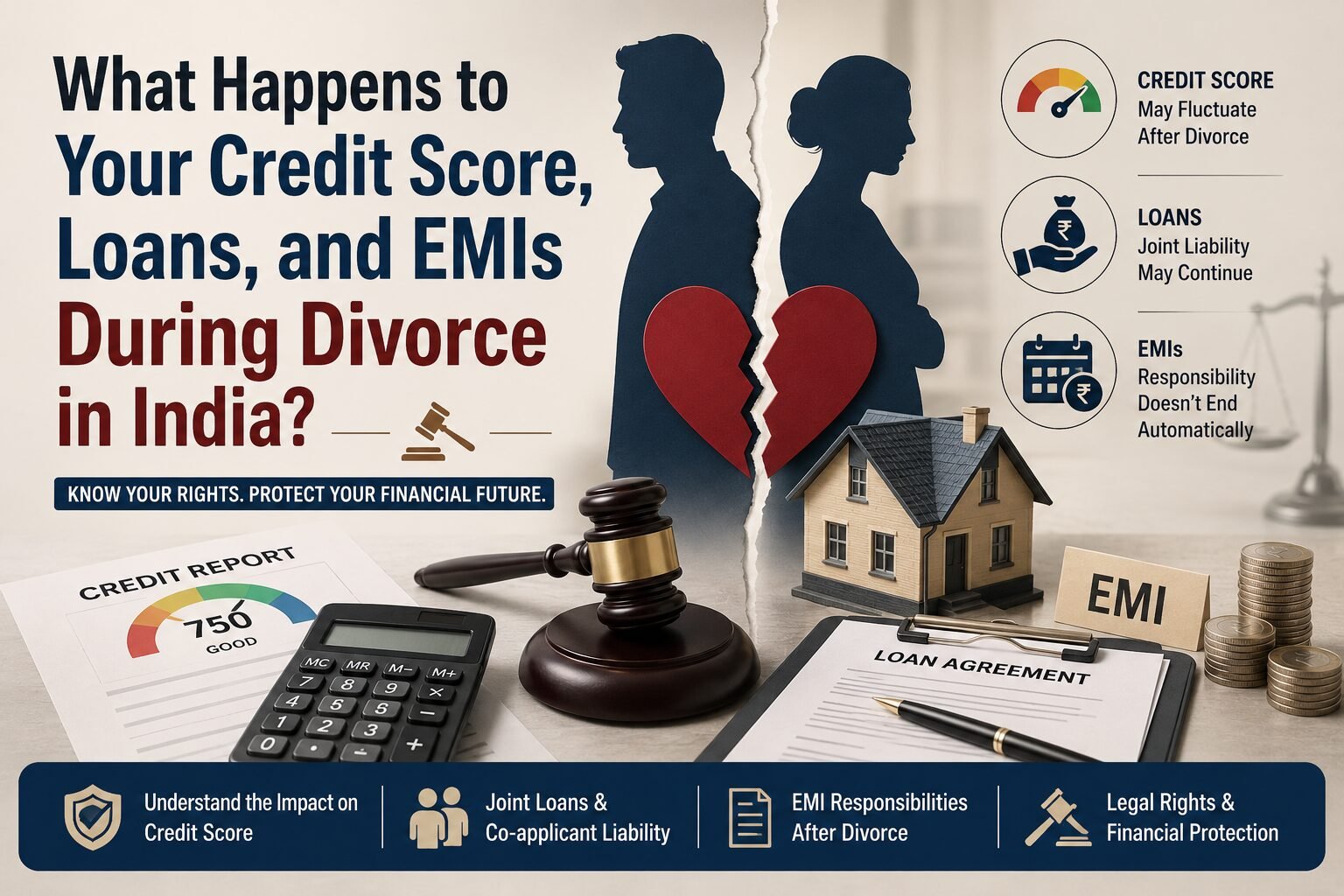 Professional divorce finance banner showing separated couple silhouettes, broken heart graphic, credit score report, calculator, loan agreement papers, EMI sign, house model, and judge’s gavel illustrating the financial impact of divorce in India.