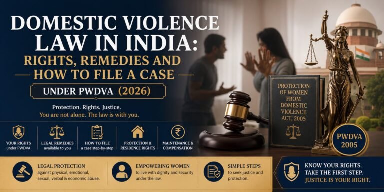 Professional legal banner about Domestic Violence Law in India under the PWDVA 2005 featuring a courtroom gavel, Lady Justice statue, Supreme Court background, and a domestic dispute scene with information on rights, remedies, maintenance, protection orders, and legal procedure in 2026.