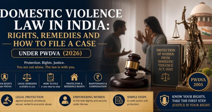 Professional legal banner about Domestic Violence Law in India under the PWDVA 2005 featuring a courtroom gavel, Lady Justice statue, Supreme Court background, and a domestic dispute scene with information on rights, remedies, maintenance, protection orders, and legal procedure in 2026.