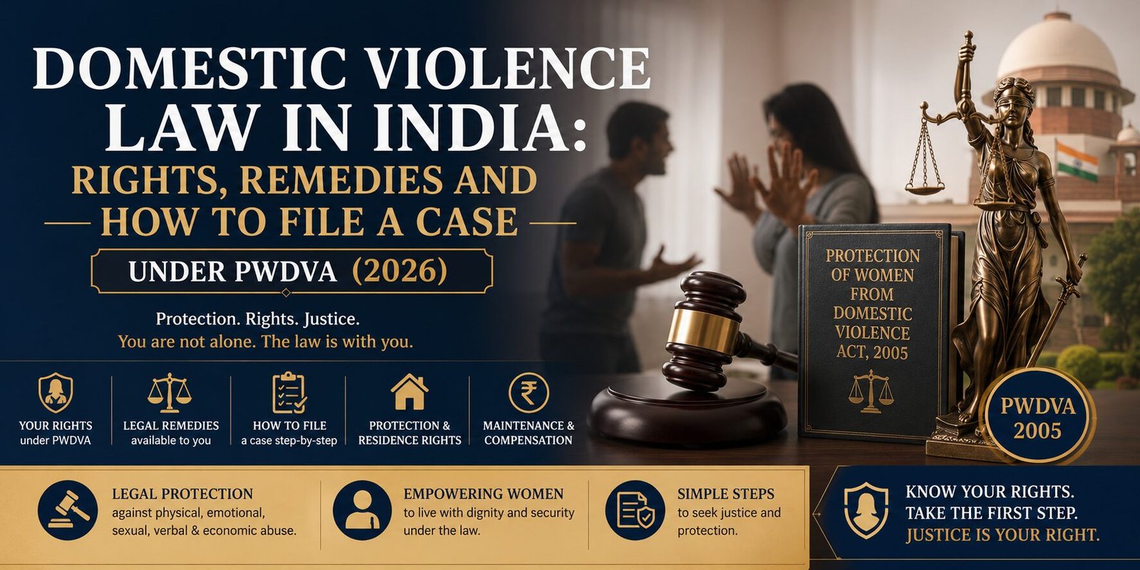 Professional legal banner about Domestic Violence Law in India under the PWDVA 2005 featuring a courtroom gavel, Lady Justice statue, Supreme Court background, and a domestic dispute scene with information on rights, remedies, maintenance, protection orders, and legal procedure in 2026.