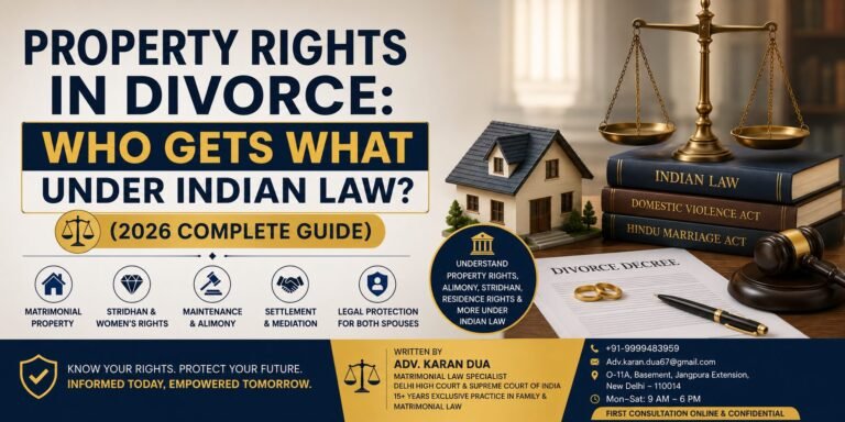 Professional legal banner about property rights in divorce under Indian law, featuring a house model, scales of justice, Indian law books, divorce decree papers, wedding rings, and courtroom elements explaining matrimonial property, alimony, Stridhan, and legal rights in India.