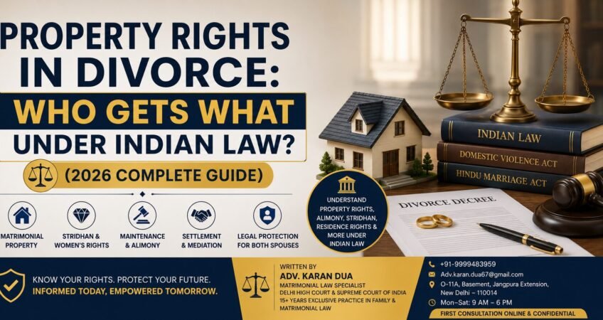 Professional legal banner about property rights in divorce under Indian law, featuring a house model, scales of justice, Indian law books, divorce decree papers, wedding rings, and courtroom elements explaining matrimonial property, alimony, Stridhan, and legal rights in India.