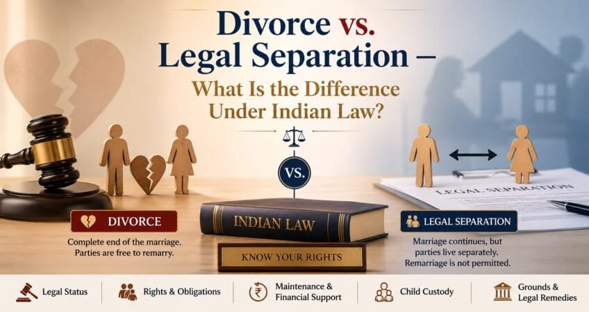 Professional legal comparison banner illustrating divorce and legal separation under Indian law with a judge’s gavel, broken heart symbols, legal documents, and separated couple figures.