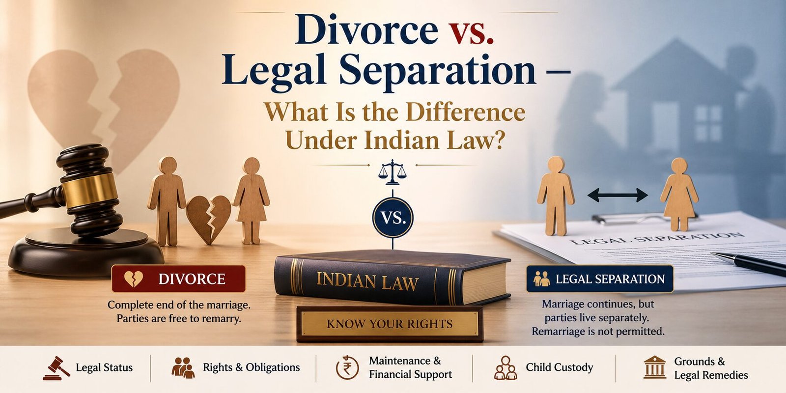 Professional legal comparison banner illustrating divorce and legal separation under Indian law with a judge’s gavel, broken heart symbols, legal documents, and separated couple figures.
