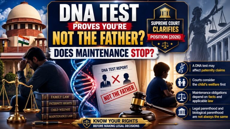 Legal awareness banner showing a DNA test report indicating non-paternity, a DNA helix, a judge's gavel, scales of justice, and silhouettes of a man and child. The graphic discusses whether maintenance obligations end after a DNA test proves a man is not the biological father.