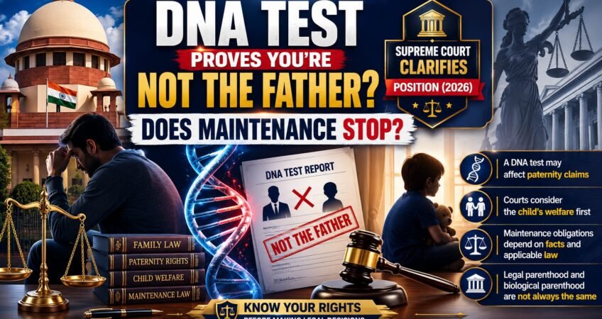 Legal awareness banner showing a DNA test report indicating non-paternity, a DNA helix, a judge's gavel, scales of justice, and silhouettes of a man and child. The graphic discusses whether maintenance obligations end after a DNA test proves a man is not the biological father.