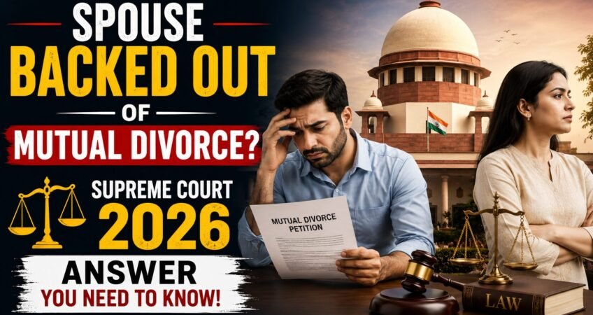 A distressed husband holding a mutual divorce petition sits before the Supreme Court of India while his spouse stands apart with folded arms, symbolizing a withdrawal of consent in a mutual divorce case. Legal symbols including a gavel and scales of justice emphasize the matrimonial dispute.