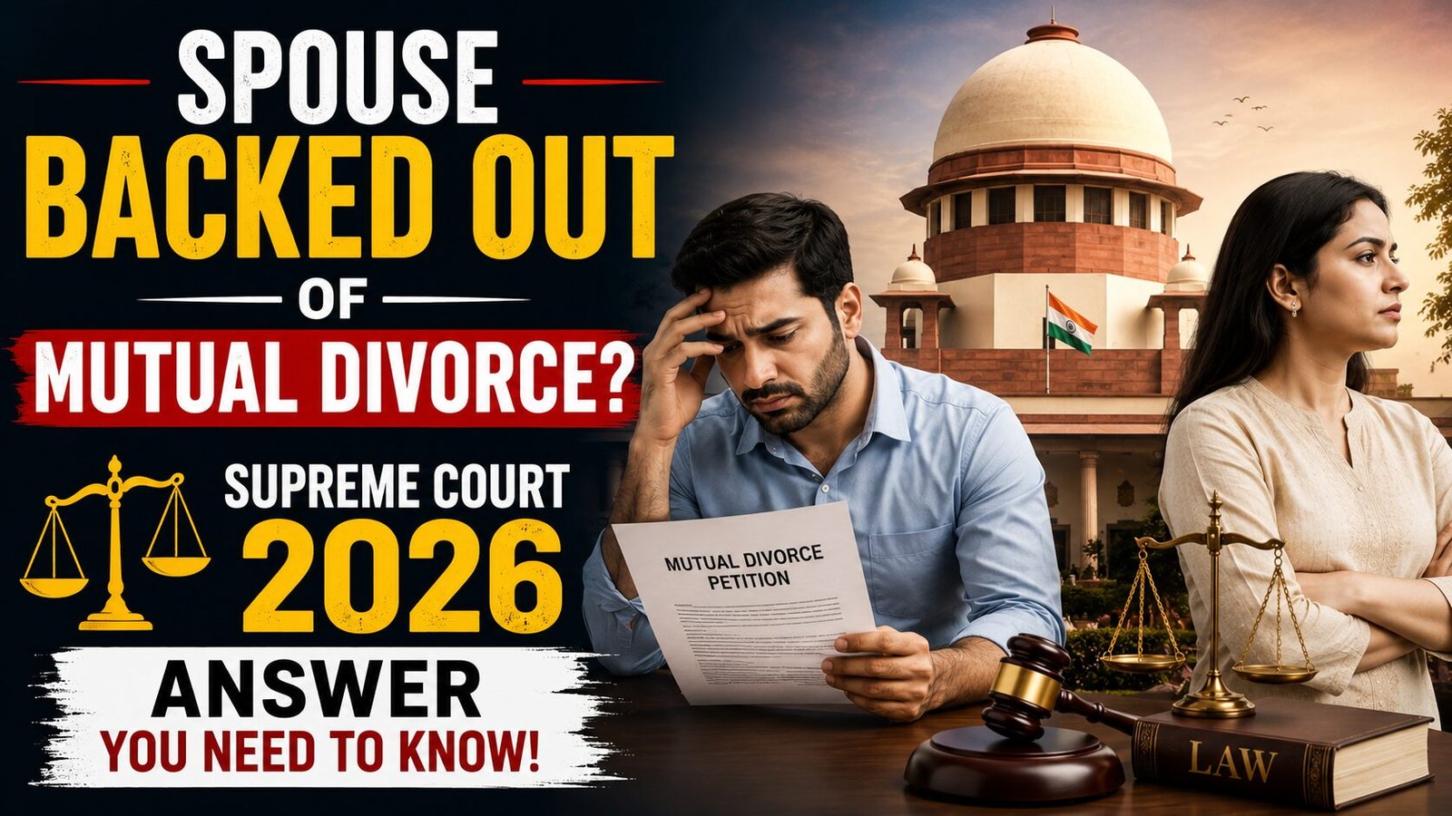 A distressed husband holding a mutual divorce petition sits before the Supreme Court of India while his spouse stands apart with folded arms, symbolizing a withdrawal of consent in a mutual divorce case. Legal symbols including a gavel and scales of justice emphasize the matrimonial dispute.