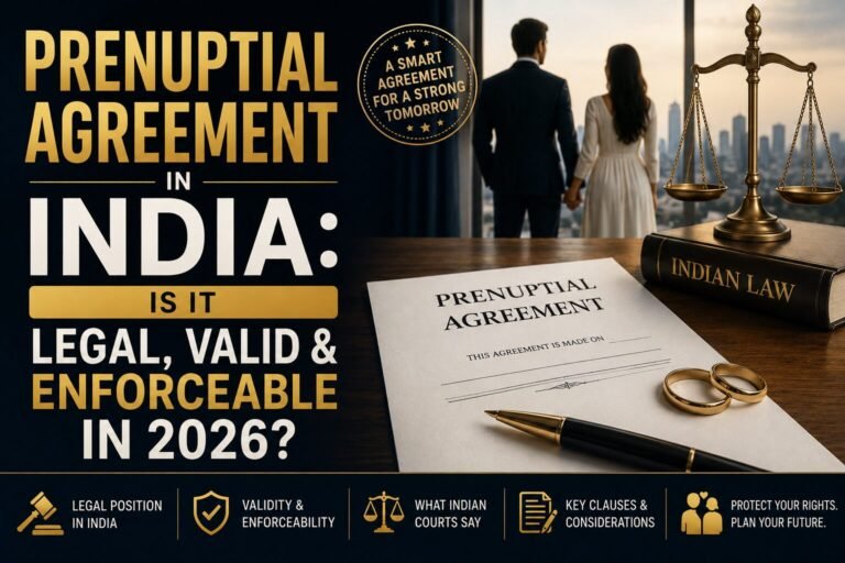 Prenuptial Agreement in India 2026 legal banner featuring a couple, prenuptial contract document, wedding rings, scales of justice, and Indian law book representing the legality and enforceability of prenups in India.