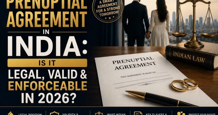 Prenuptial Agreement in India 2026 legal banner featuring a couple, prenuptial contract document, wedding rings, scales of justice, and Indian law book representing the legality and enforceability of prenups in India.