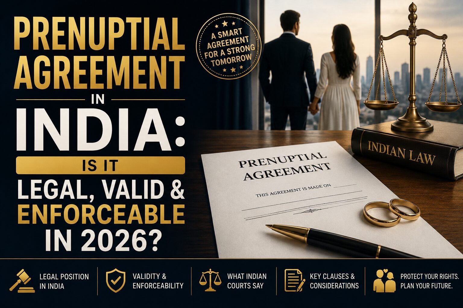 Prenuptial Agreement in India 2026 legal banner featuring a couple, prenuptial contract document, wedding rings, scales of justice, and Indian law book representing the legality and enforceability of prenups in India.