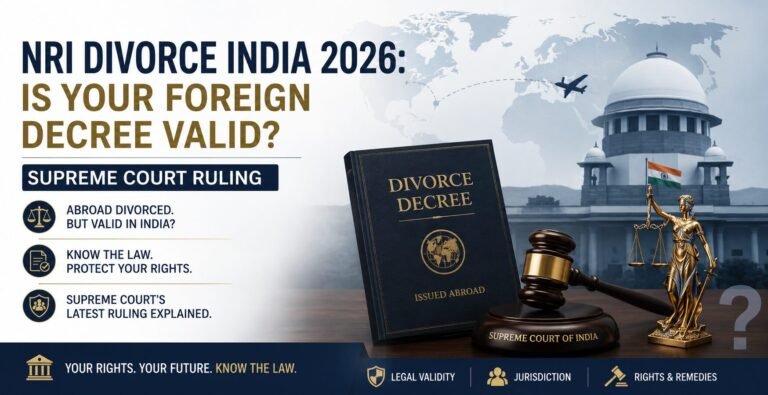 NRI Divorce India 2026 banner showing foreign divorce decree, Supreme Court of India building, legal gavel, globe, and international divorce law concept.