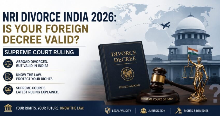 NRI Divorce India 2026 banner showing foreign divorce decree, Supreme Court of India building, legal gavel, globe, and international divorce law concept.