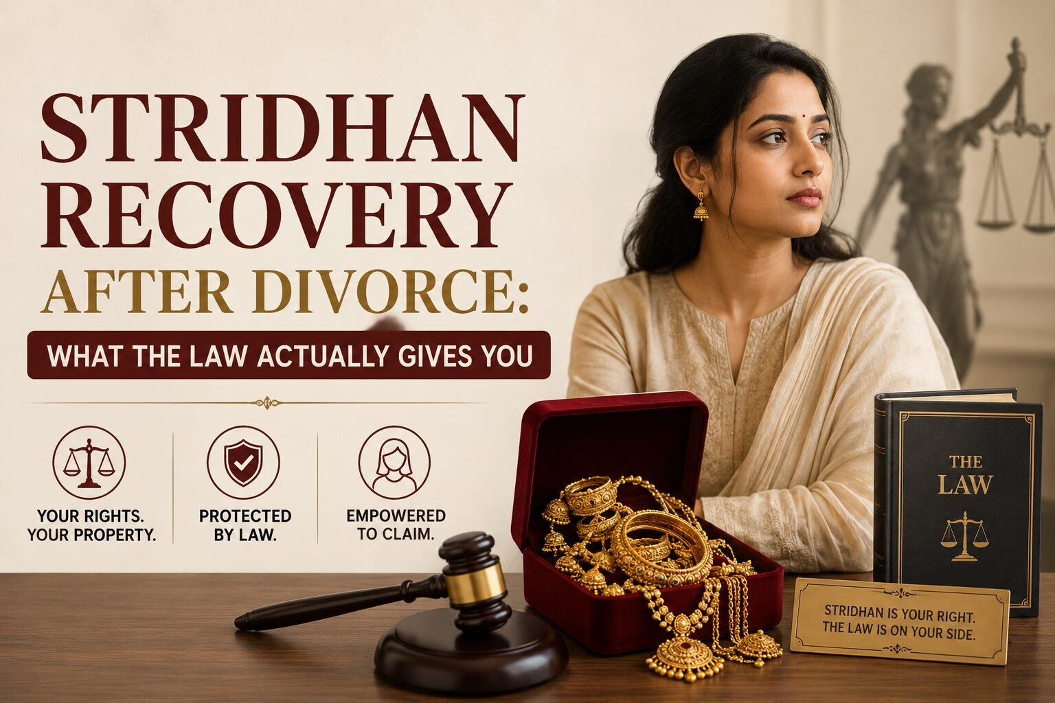 Stridhan Recovery After Divorce: What the Law Actually Gives You banner featuring a woman seated beside legal books, a judge’s gavel, and a jewelry box containing gold ornaments, symbolizing a woman's legal right to recover her Stridhan after divorce under Indian law.