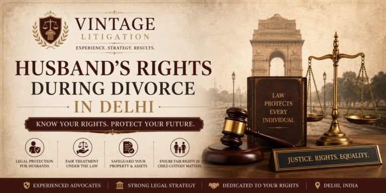 Husband's Rights During Divorce in Delhi banner by Vintage Litigation featuring legal symbols including a judge's gavel, scales of justice, law book, and India Gate backdrop, highlighting legal rights, property protection, fair treatment, and child custody rights for husbands in divorce proceedings.