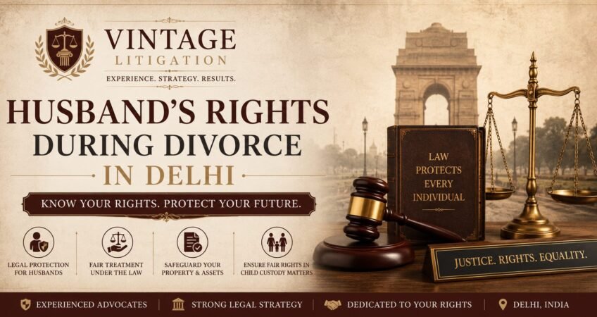 Husband's Rights During Divorce in Delhi banner by Vintage Litigation featuring legal symbols including a judge's gavel, scales of justice, law book, and India Gate backdrop, highlighting legal rights, property protection, fair treatment, and child custody rights for husbands in divorce proceedings.