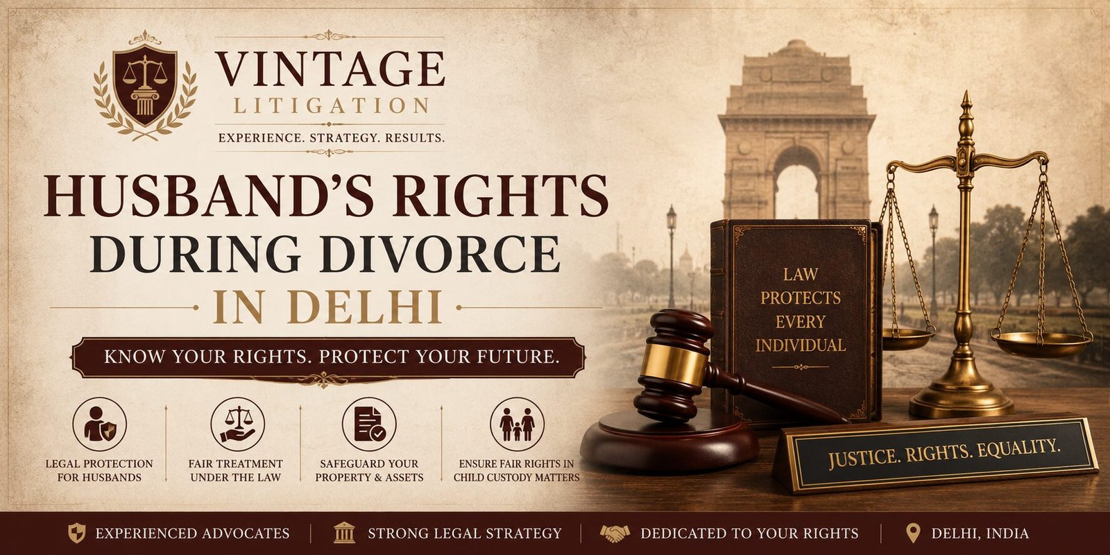 Husband's Rights During Divorce in Delhi banner by Vintage Litigation featuring legal symbols including a judge's gavel, scales of justice, law book, and India Gate backdrop, highlighting legal rights, property protection, fair treatment, and child custody rights for husbands in divorce proceedings.