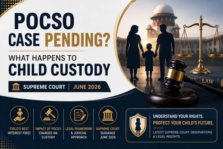 POCSO case pending and child custody legal guide banner featuring the Vintage Litigation logo, Supreme Court backdrop, family silhouette, judge's gavel, scales of justice, and child protection imagery in a professional navy and gold design.