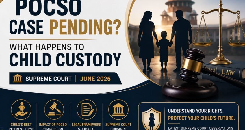POCSO case pending and child custody legal guide banner featuring the Vintage Litigation logo, Supreme Court backdrop, family silhouette, judge's gavel, scales of justice, and child protection imagery in a professional navy and gold design.
