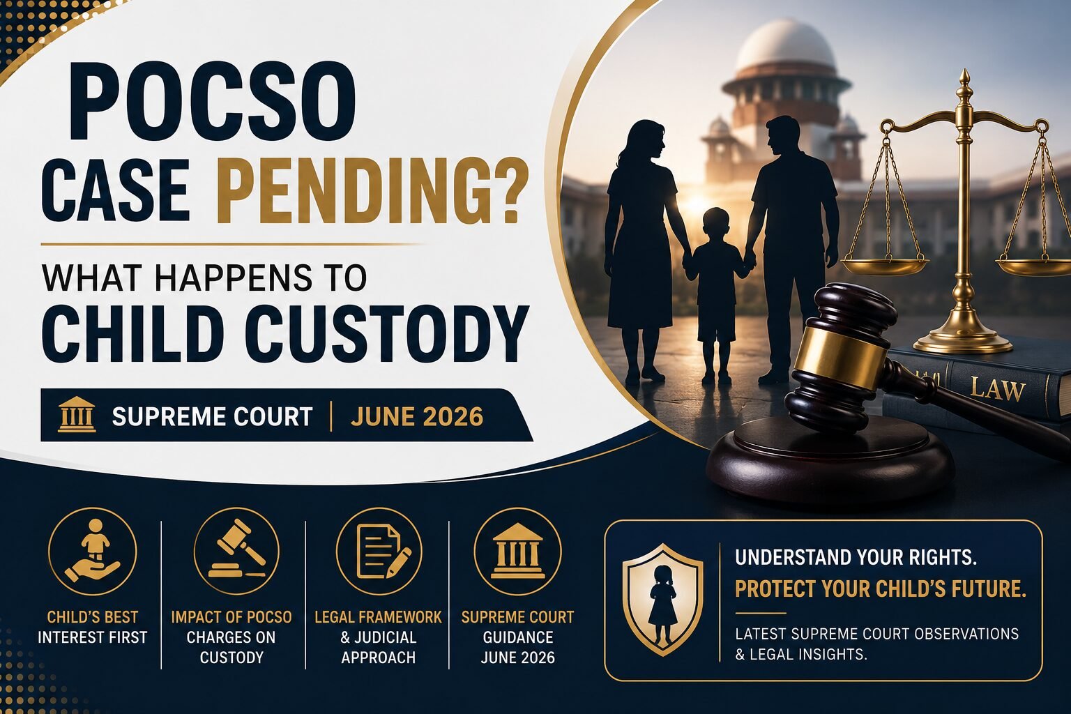 POCSO case pending and child custody legal guide banner featuring the Vintage Litigation logo, Supreme Court backdrop, family silhouette, judge's gavel, scales of justice, and child protection imagery in a professional navy and gold design.