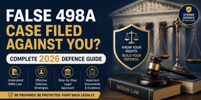 False 498A case defence guide banner featuring scales of justice, judge's gavel, legal shield, and Indian law books with legal protection concept.