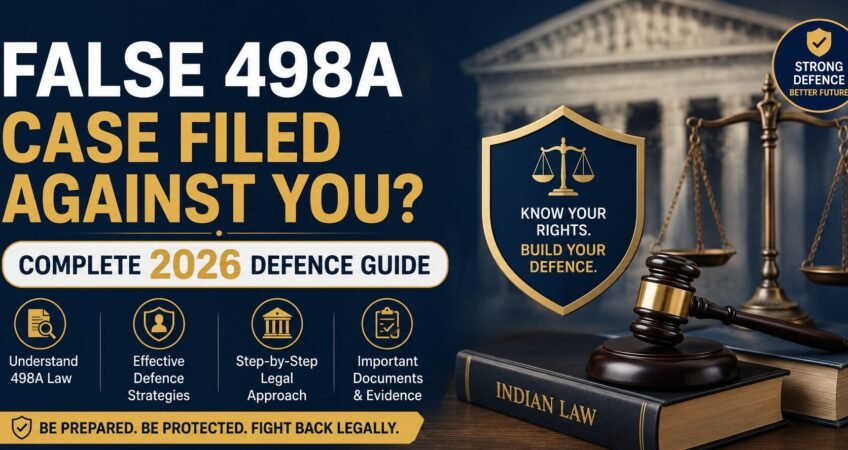 False 498A case defence guide banner featuring scales of justice, judge's gavel, legal shield, and Indian law books with legal protection concept.