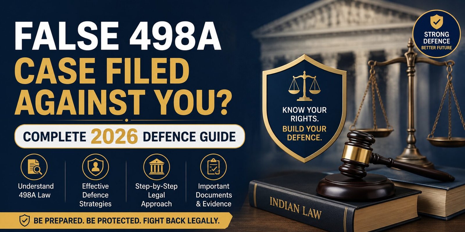 False 498A case defence guide banner featuring scales of justice, judge's gavel, legal shield, and Indian law books with legal protection concept.