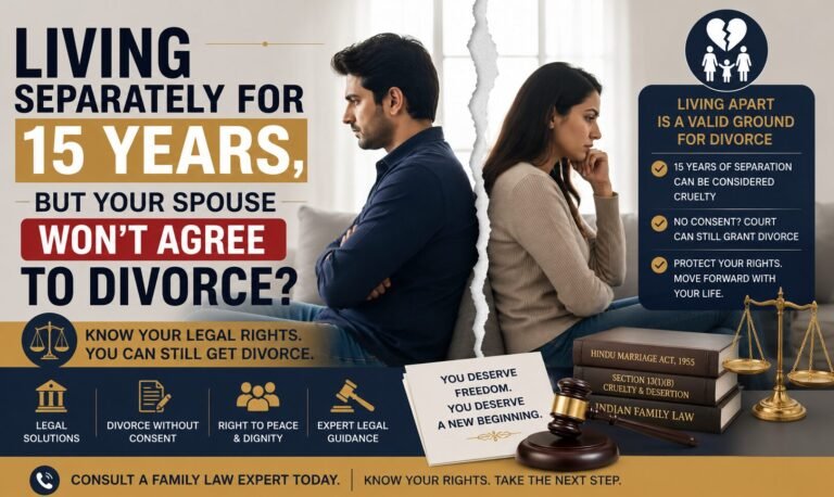 A legally separated couple sitting back-to-back with a torn-paper effect between them, symbolizing marital breakdown. The banner highlights divorce rights in India after 15 years of separation, featuring legal books, a gavel, and family law imagery.