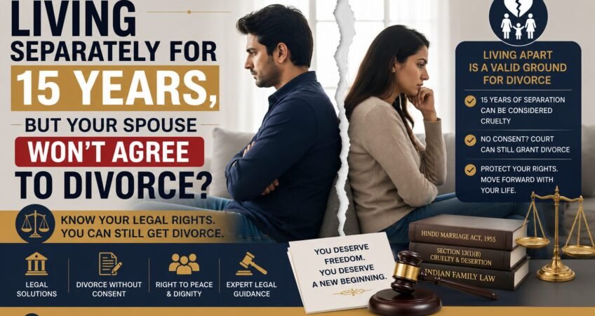 A legally separated couple sitting back-to-back with a torn-paper effect between them, symbolizing marital breakdown. The banner highlights divorce rights in India after 15 years of separation, featuring legal books, a gavel, and family law imagery.