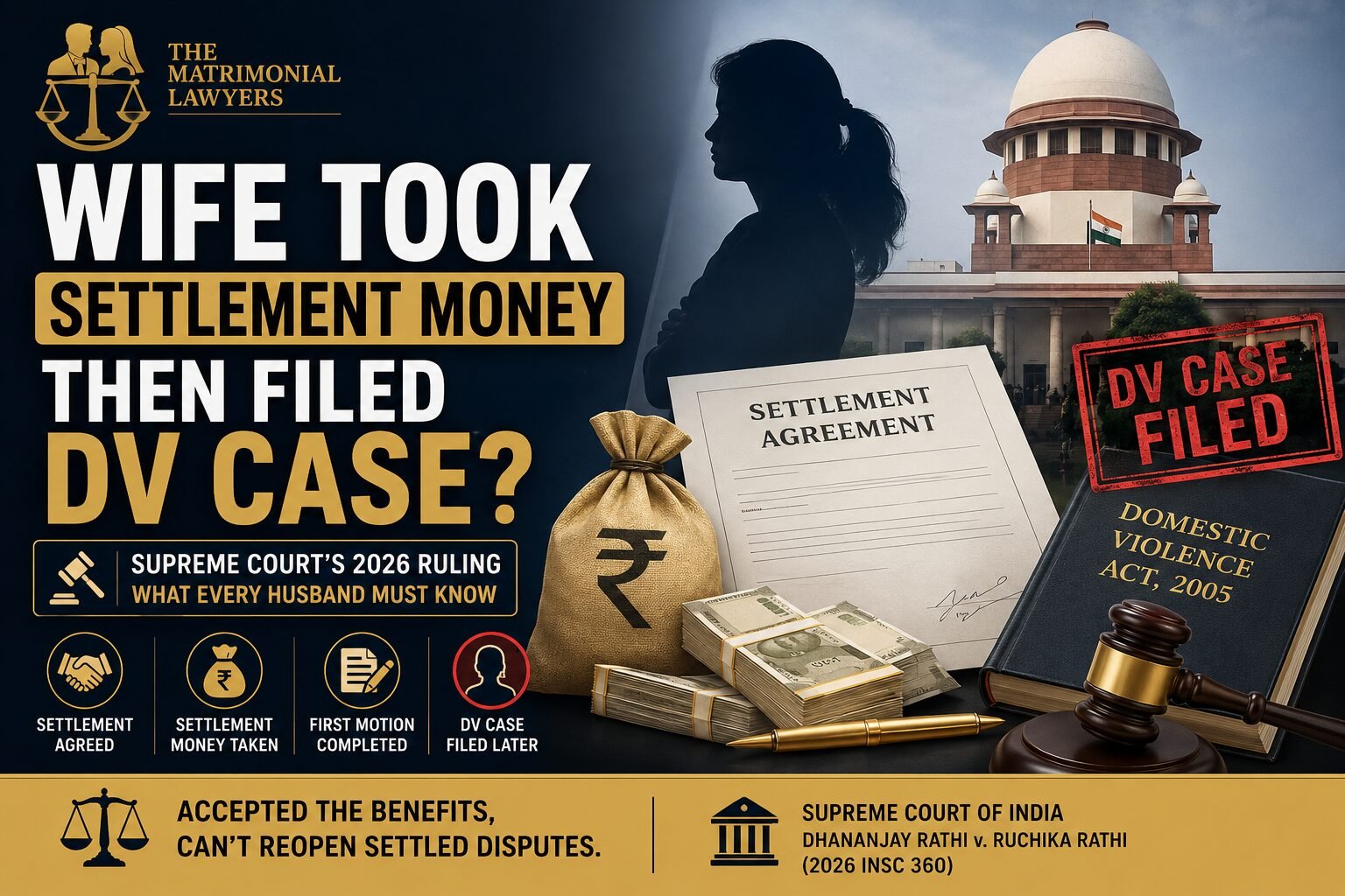 Wife took settlement money then filed DV case after mutual divorce settlement. Supreme Court of India landmark 2026 ruling on post-settlement domestic violence complaints and matrimonial disputes.