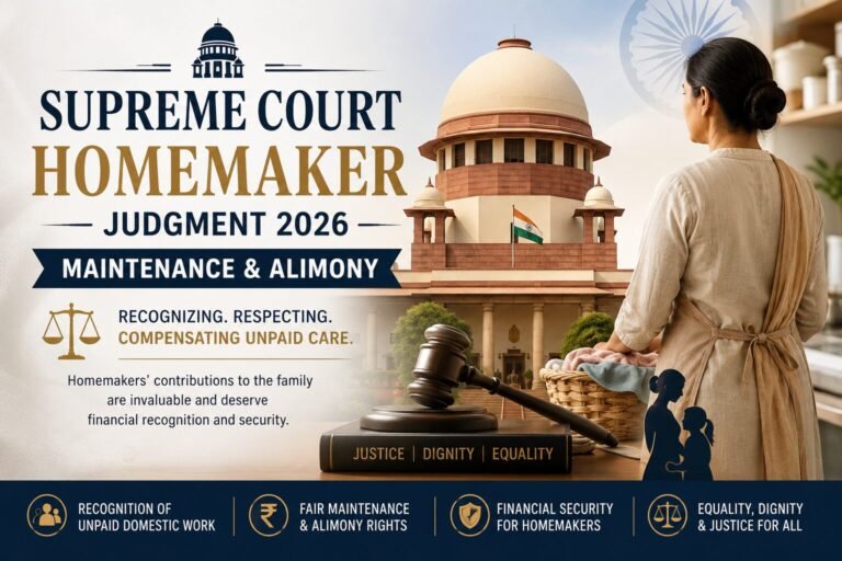 Supreme Court Homemaker Judgment 2026 banner showing the Supreme Court of India, a homemaker, and legal symbols highlighting maintenance, alimony, unpaid domestic work, and financial recognition for homemakers.