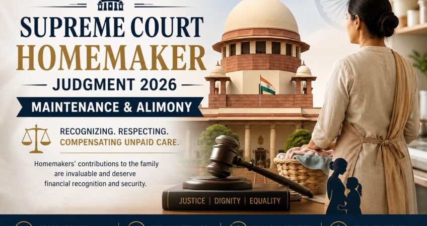 Supreme Court Homemaker Judgment 2026 banner showing the Supreme Court of India, a homemaker, and legal symbols highlighting maintenance, alimony, unpaid domestic work, and financial recognition for homemakers.