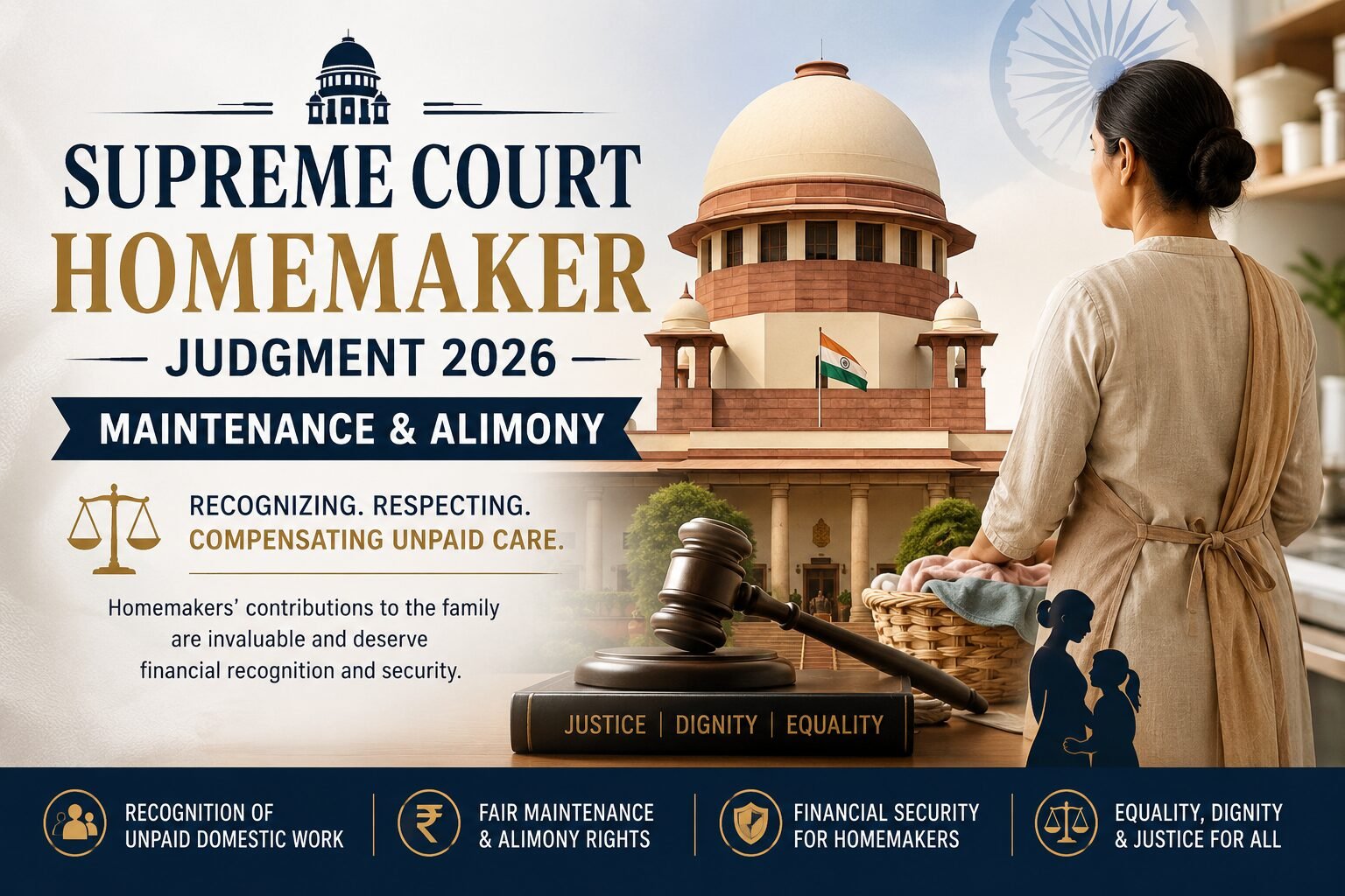 Supreme Court Homemaker Judgment 2026 banner showing the Supreme Court of India, a homemaker, and legal symbols highlighting maintenance, alimony, unpaid domestic work, and financial recognition for homemakers.