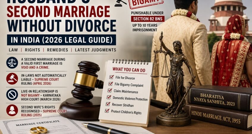 Husband's second marriage without divorce explained under Section 82 BNS with legal documents, wedding rings, judge's gavel, and scales of justice.