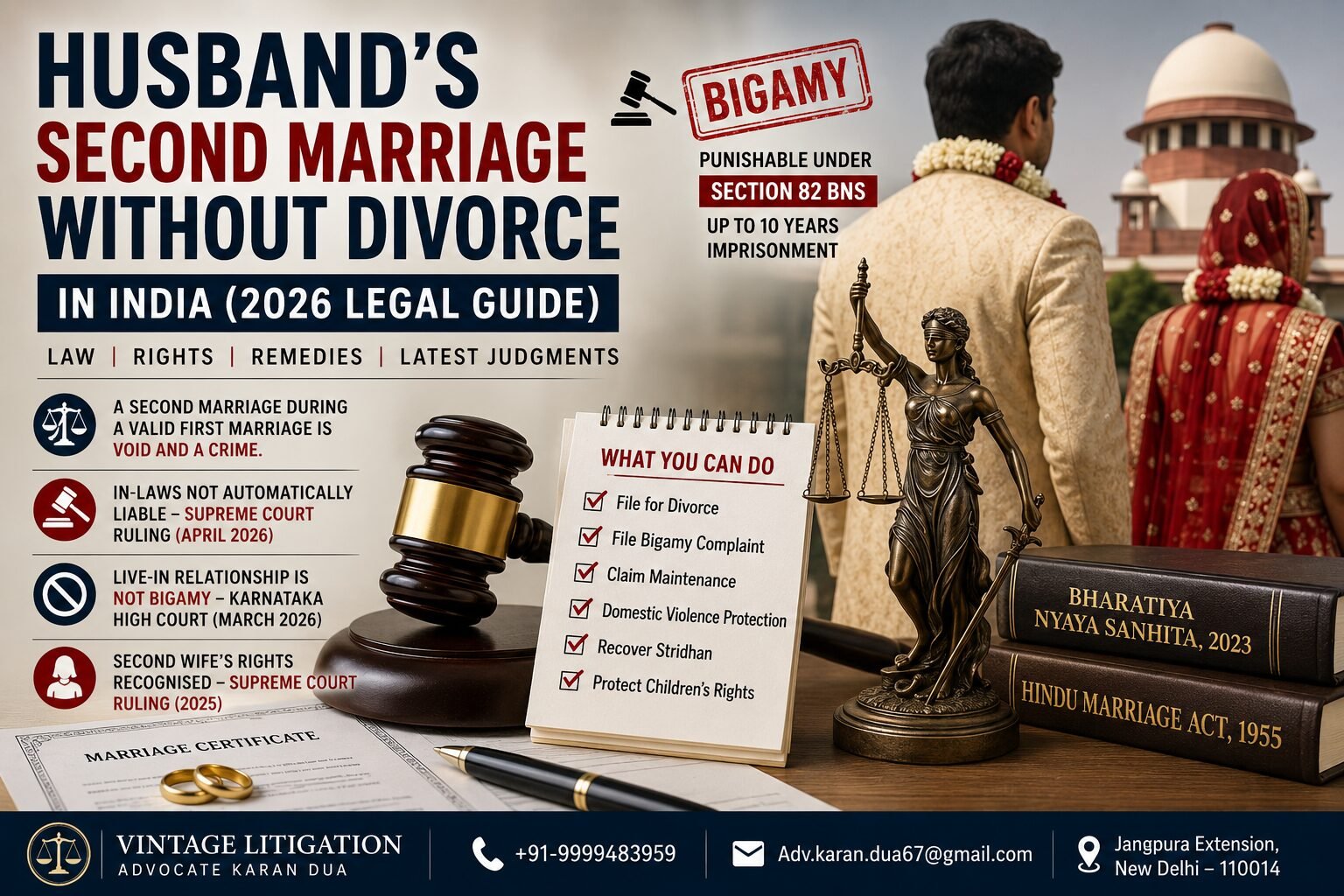 Husband's second marriage without divorce explained under Section 82 BNS with legal documents, wedding rings, judge's gavel, and scales of justice.
