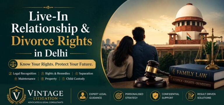 Professional legal banner featuring a couple overlooking the city skyline, the Supreme Court of India building, scales of justice, law books, and a judge's gavel. The banner highlights legal rights related to live-in relationships, maintenance, property disputes, child custody, and separation in Delhi.