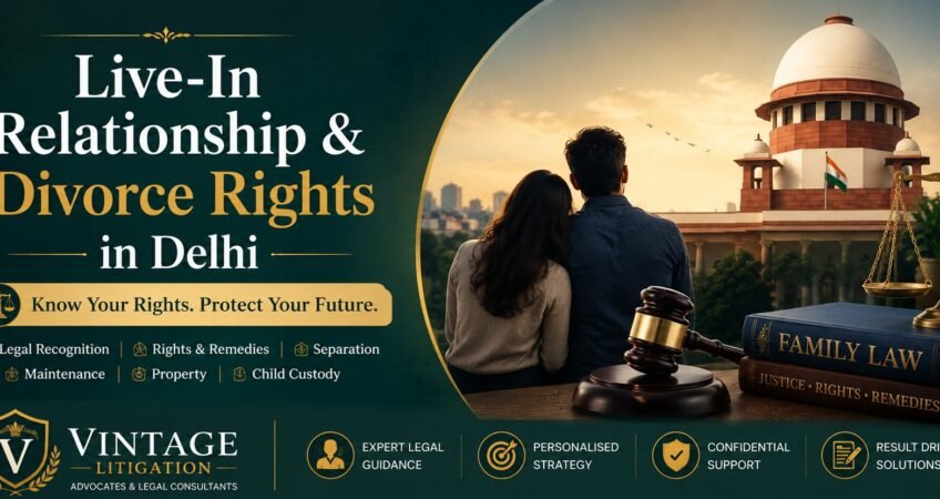 Professional legal banner featuring a couple overlooking the city skyline, the Supreme Court of India building, scales of justice, law books, and a judge's gavel. The banner highlights legal rights related to live-in relationships, maintenance, property disputes, child custody, and separation in Delhi.