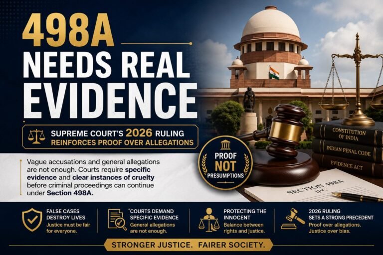 Legal awareness banner featuring the Supreme Court of India, a judge's gavel, scales of justice, law books, and the headline "498A Needs Real Evidence." The design highlights the importance of specific evidence in Section 498A cases and references the Supreme Court's 2026 ruling emphasizing proof over allegations.