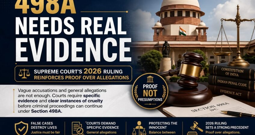 Legal awareness banner featuring the Supreme Court of India, a judge's gavel, scales of justice, law books, and the headline "498A Needs Real Evidence." The design highlights the importance of specific evidence in Section 498A cases and references the Supreme Court's 2026 ruling emphasizing proof over allegations.