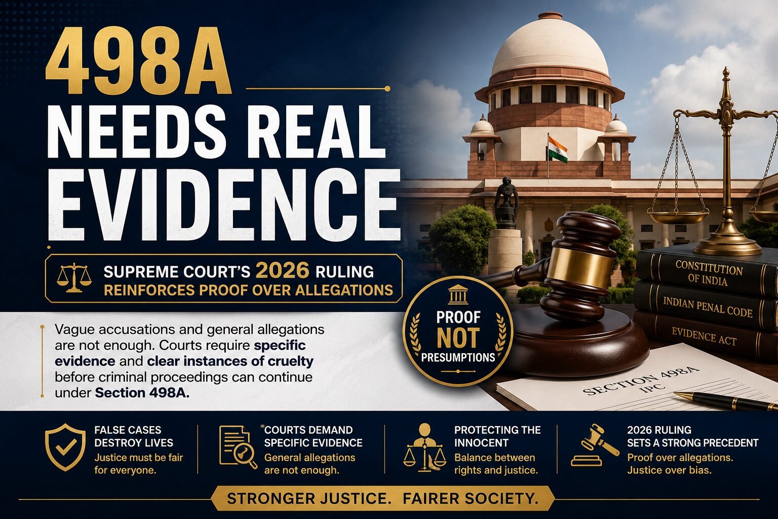 Legal awareness banner featuring the Supreme Court of India, a judge's gavel, scales of justice, law books, and the headline "498A Needs Real Evidence." The design highlights the importance of specific evidence in Section 498A cases and references the Supreme Court's 2026 ruling emphasizing proof over allegations.