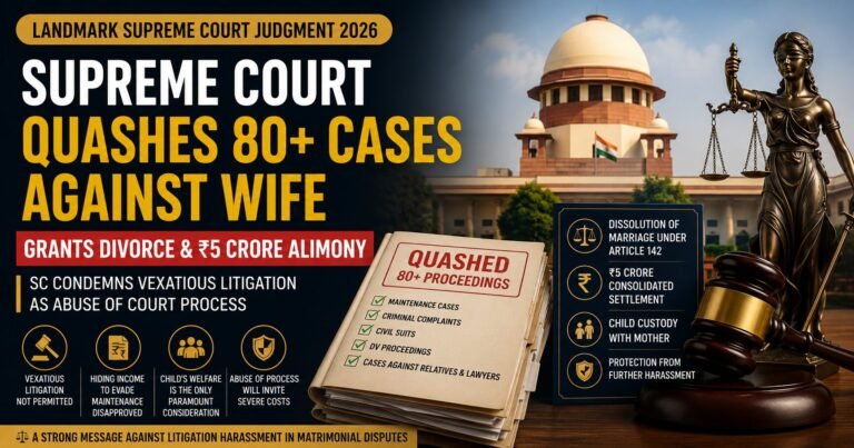 Supreme Court of India landmark 2026 judgment banner showing the Court building, Lady Justice statue, legal files marked as quashed proceedings, and key highlights including divorce under Article 142, ₹5 crore alimony, child custody, and condemnation of vexatious matrimonial litigation.