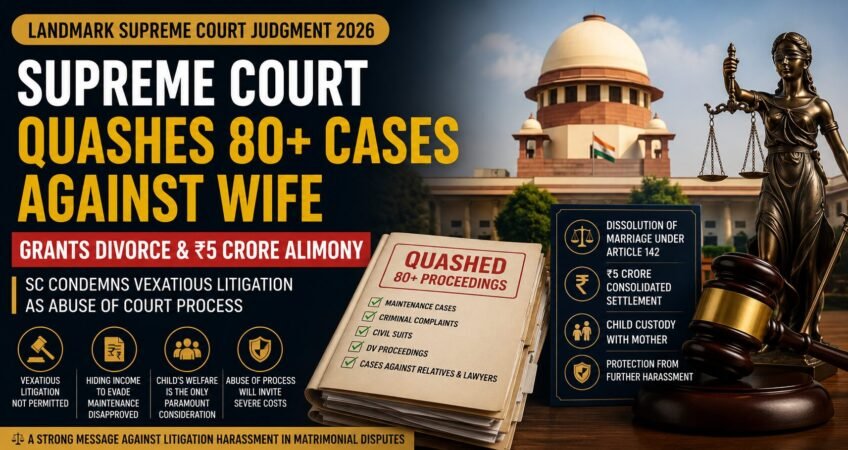 Supreme Court of India landmark 2026 judgment banner showing the Court building, Lady Justice statue, legal files marked as quashed proceedings, and key highlights including divorce under Article 142, ₹5 crore alimony, child custody, and condemnation of vexatious matrimonial litigation.